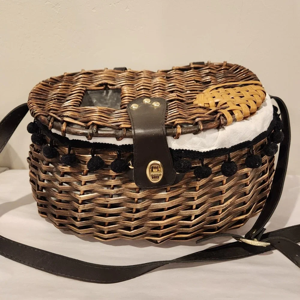 Vintage Decor, Wicker Picnic Basket/Hamper/Creel, leather strap & Closure